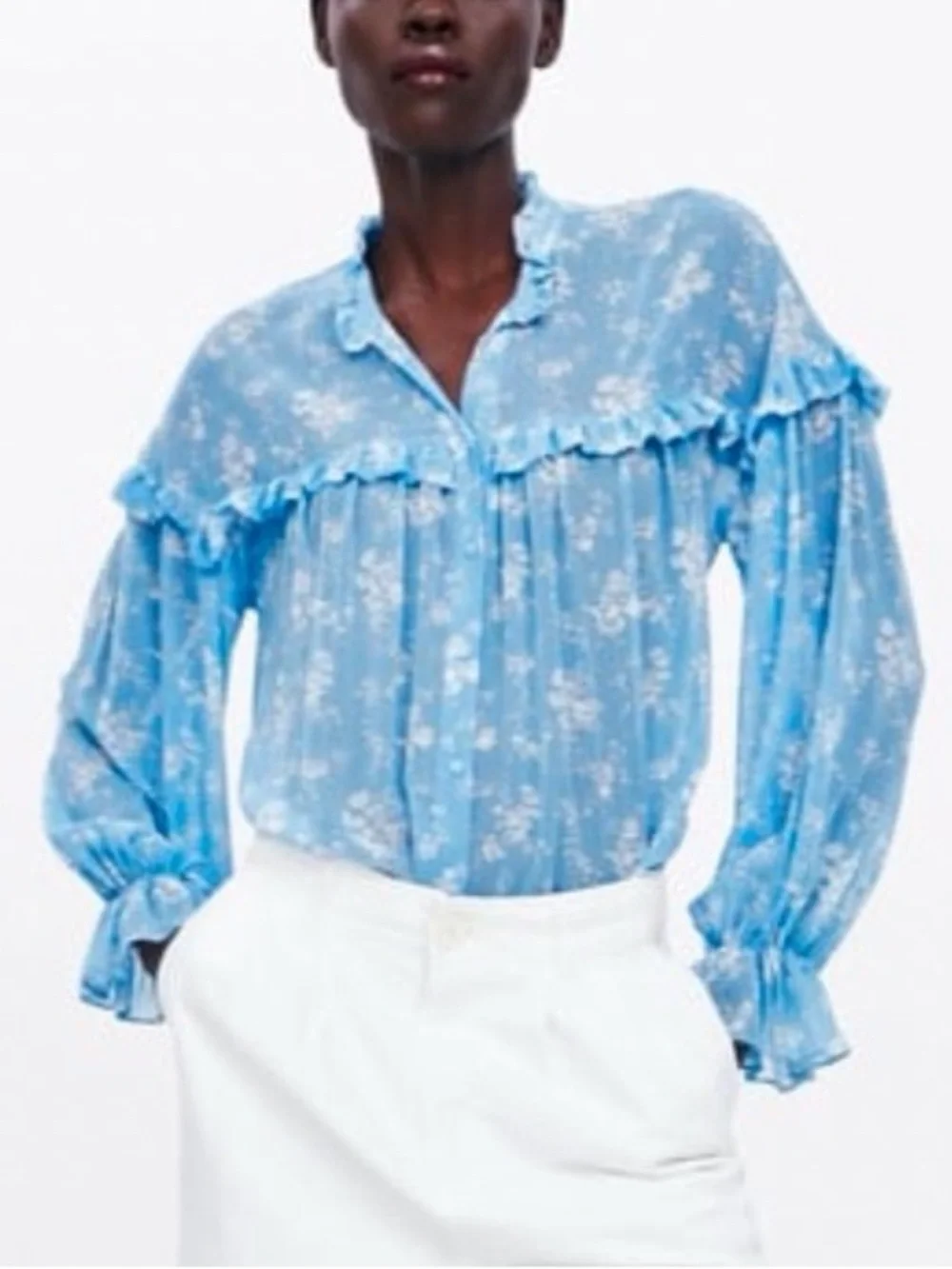 ZARA | Floral Pattern Feminine Ruffled Semi Sheer Breezy Relaxed Blouse - Picture 2 of 15
